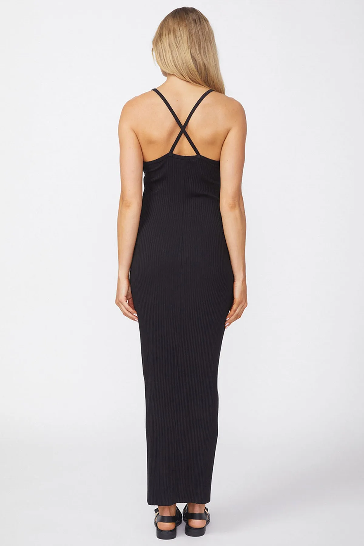 Stateside Poorboy Rib Spaghetti Strap Midi Dress in Black