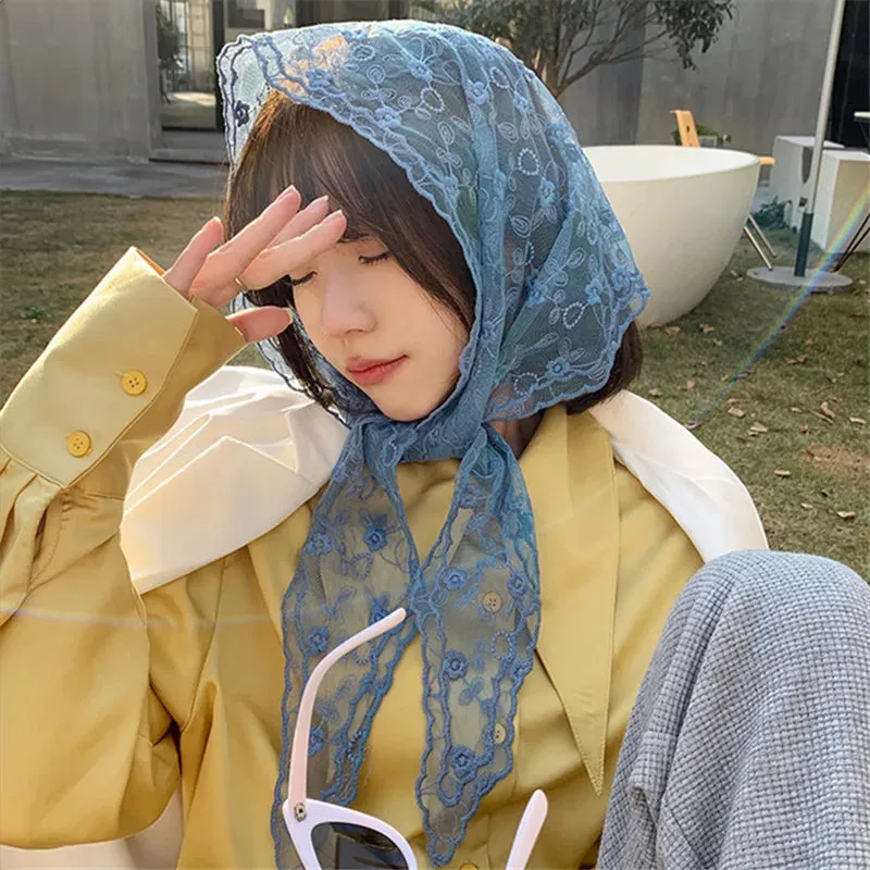 TAVIMART  -  New Head Scarf Embroidered Triangle Lace Wrap Shawl Transparent Floral Print Bandana Long Scarves Scarf Foulard Knit for Women