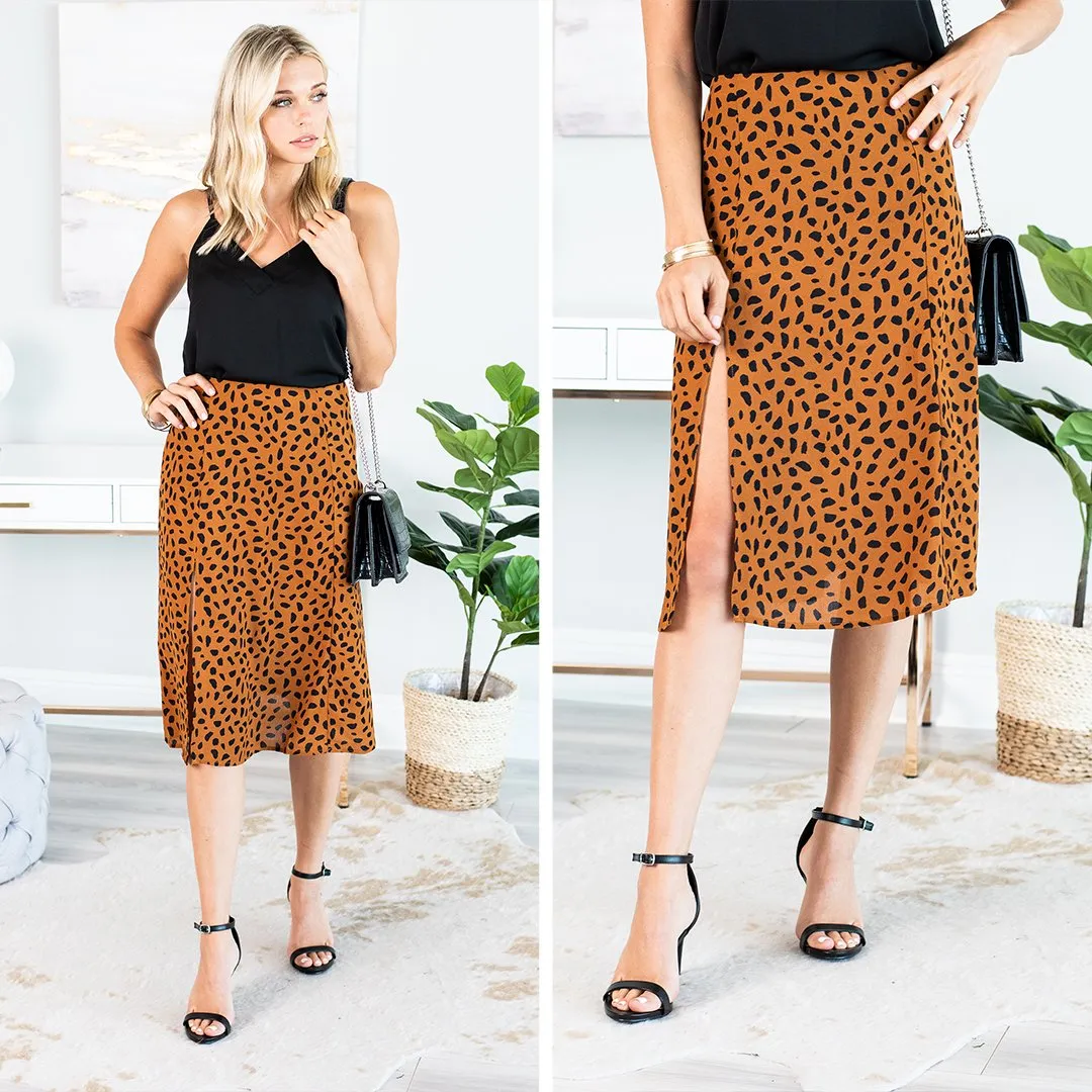 Told You Camel Brown Cheetah Midi Skirt