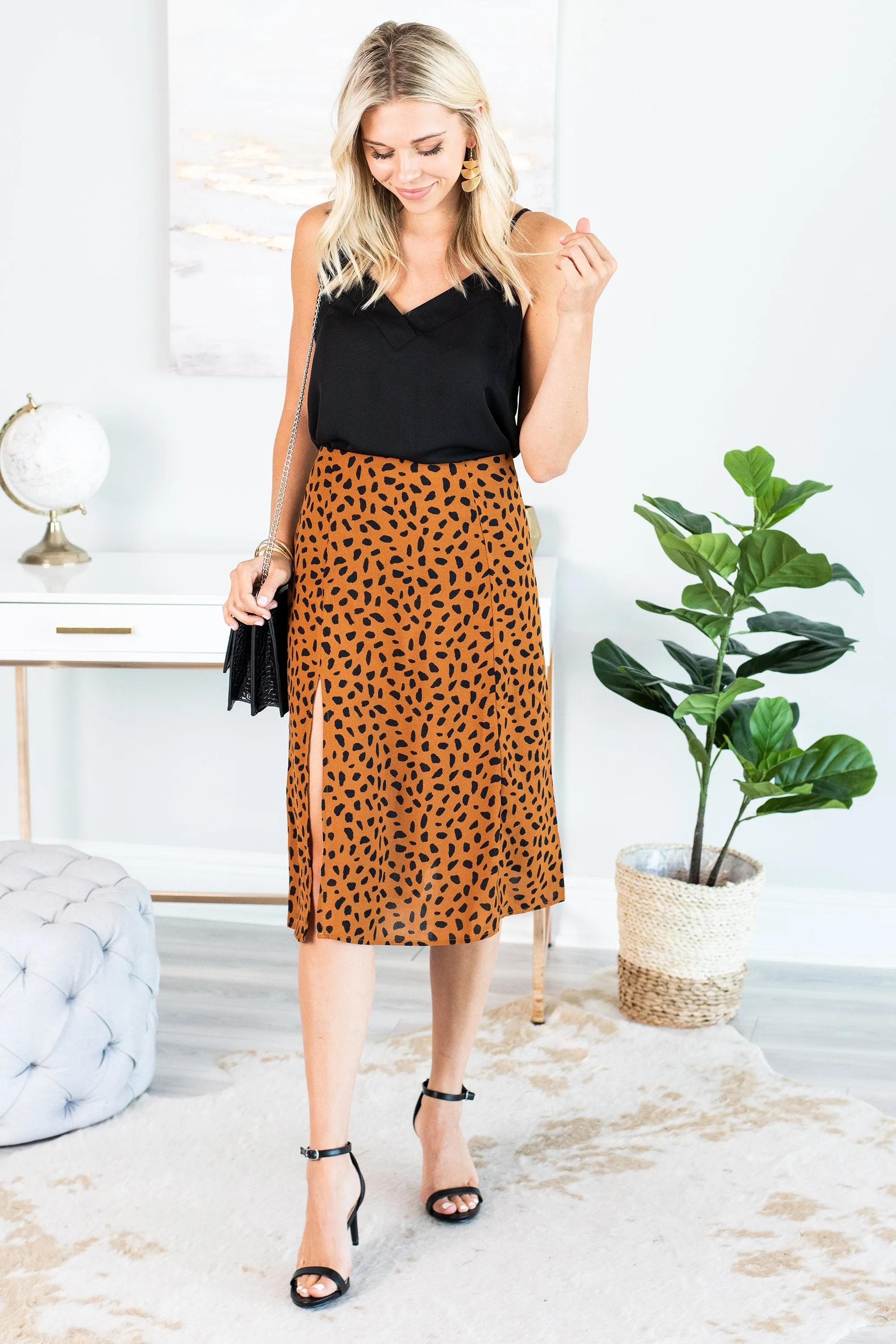 Told You Camel Brown Cheetah Midi Skirt