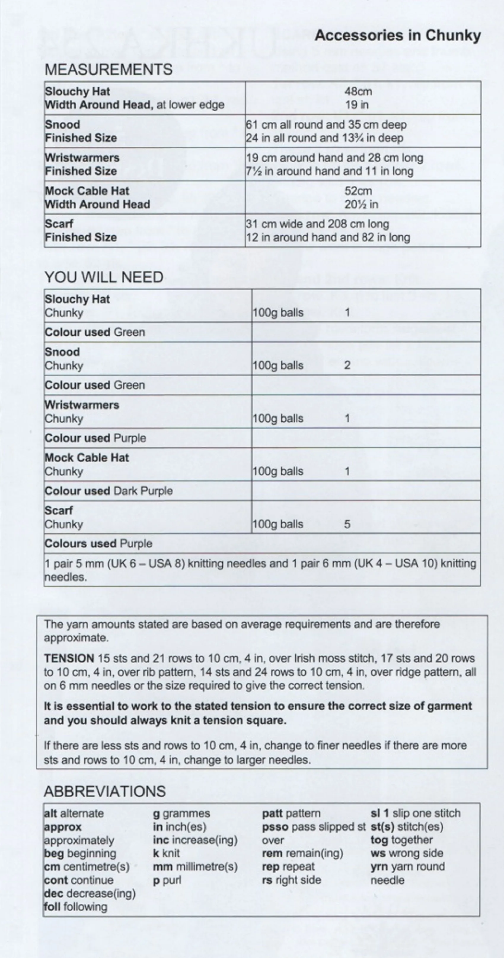 UKHKA 254 Knitting Pattern - Ladies Winter Chunky Accessories