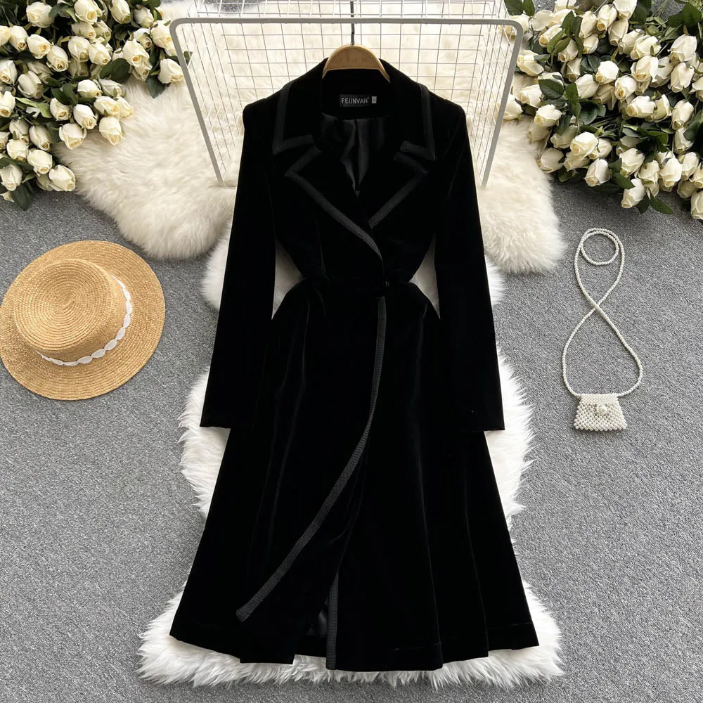 Velvet Suit Collar Trench Coat Dress