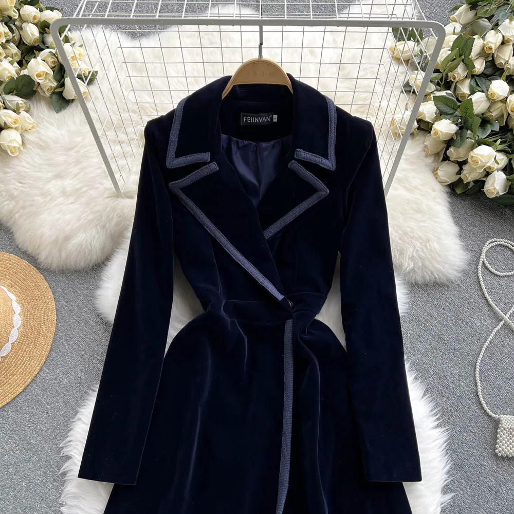 Velvet Suit Collar Trench Coat Dress