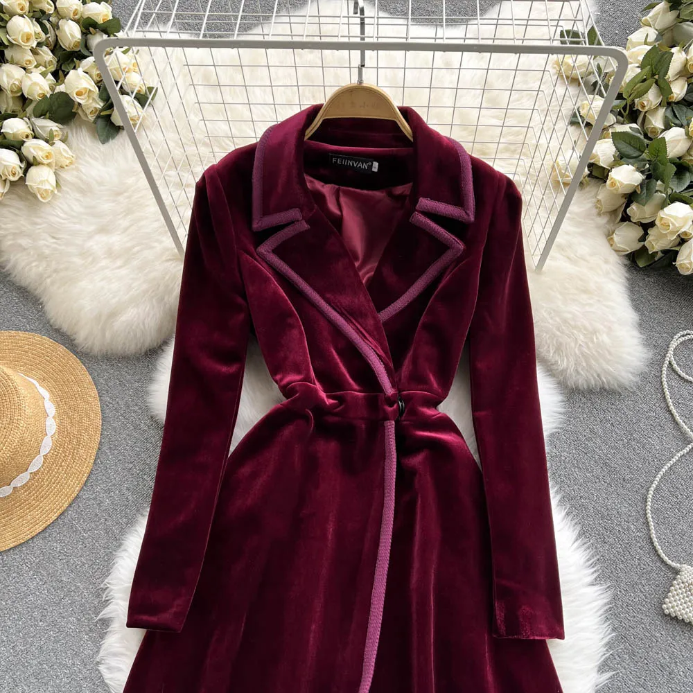 Velvet Suit Collar Trench Coat Dress