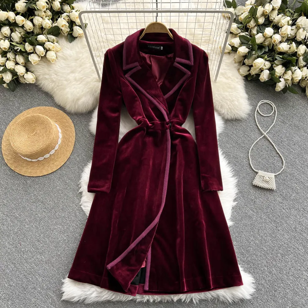 Velvet Suit Collar Trench Coat Dress