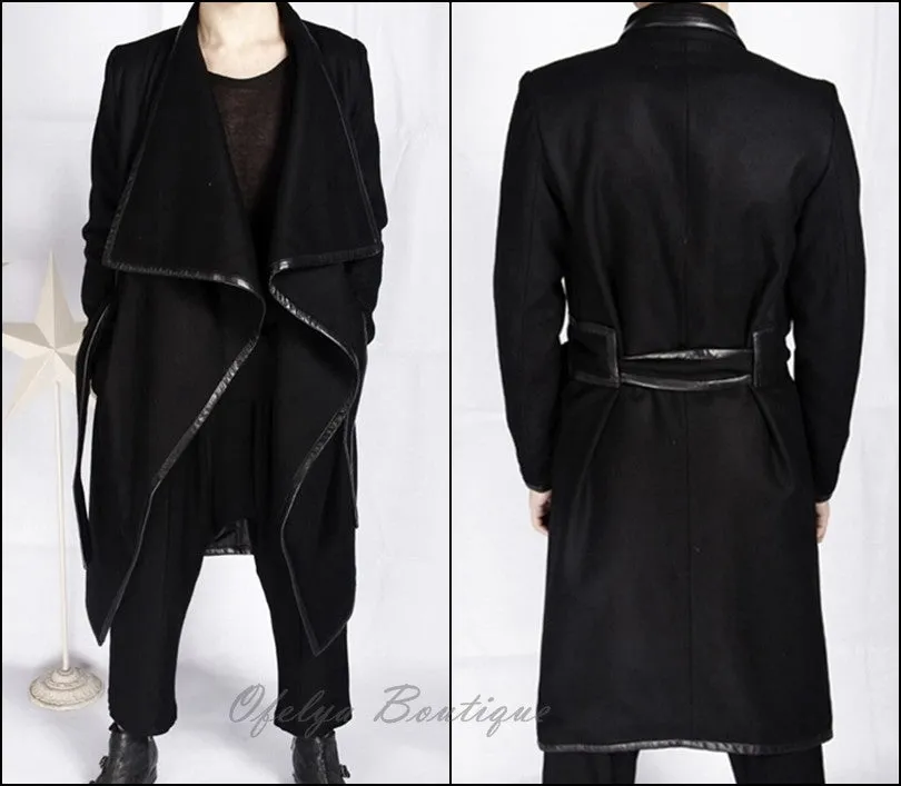 Winter Original High-end Leather Trim Dark Gothic Lines Woolen Long Coat High Collar Jacket
