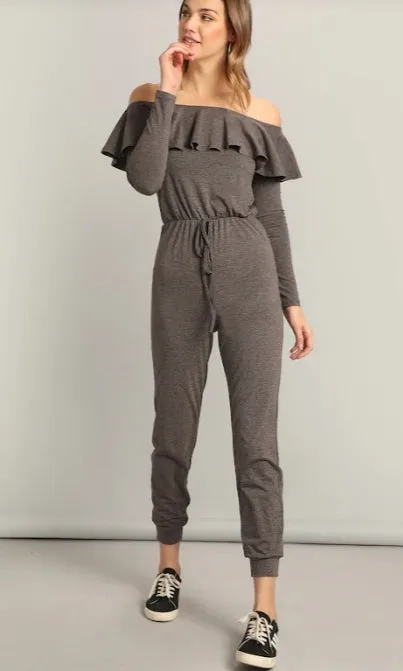 Women Waist Knot Sexy Ruffle Bardot Jumpsuit / Off the Shoulder Yogawear
