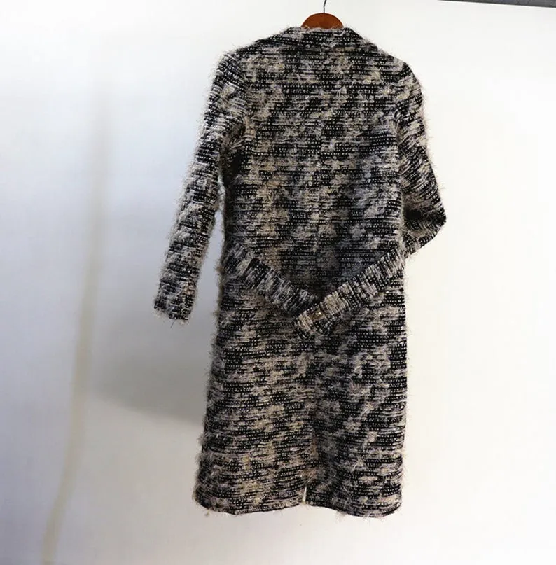 Women's Designer Inspired Tweed Wool Blend Golden Threads Black Coat