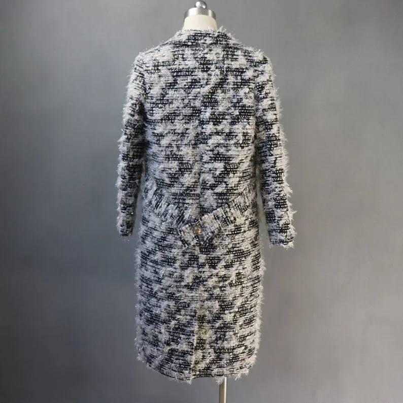 Women's Designer Inspired Tweed Wool Blend Golden Threads Black Coat