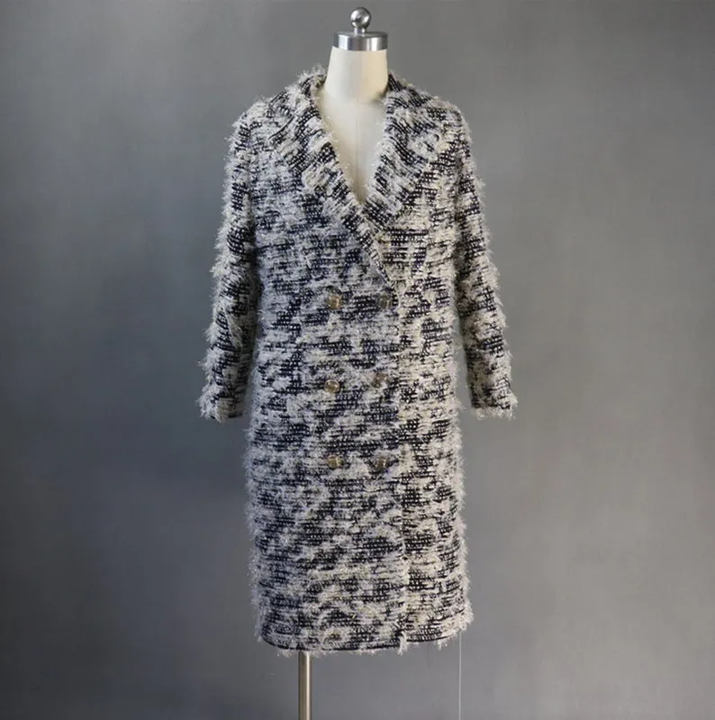 Women's Designer Inspired Tweed Wool Blend Golden Threads Black Coat