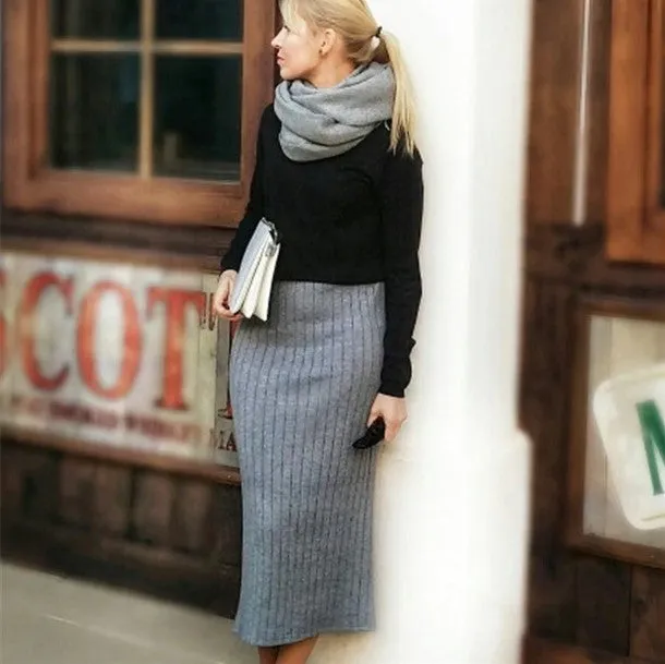 Women's Winter Vintage Elastic Waist Woolen Long Skirt