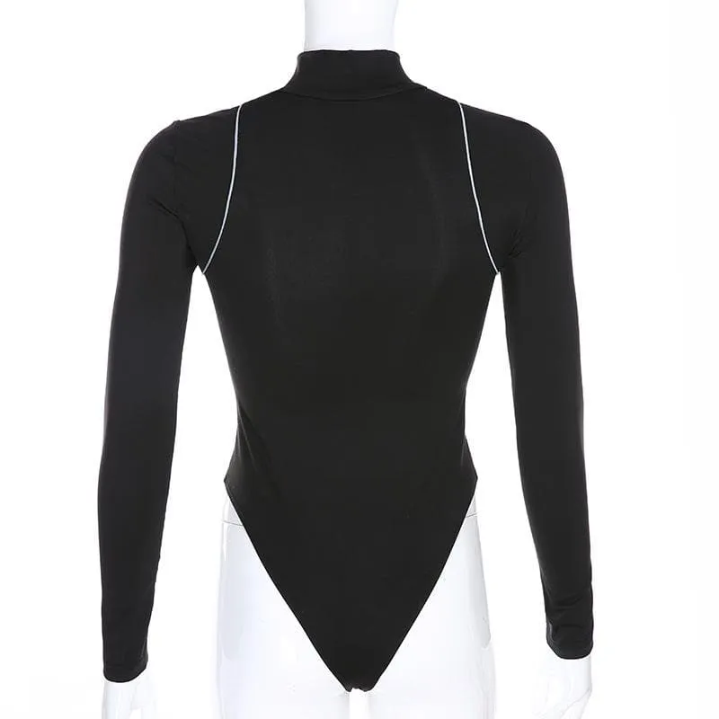 Zip-up "ROCK" pattern high neck long sleeve bodysuit